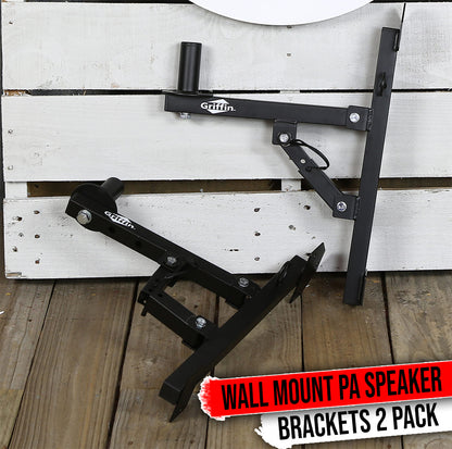 Premium PA Speakers Wall Mount Brackets By GRIFFIN | Set Of 2 All Steel Pro-Audio Speaker 35mm Pole Holder | Securing Locking Pin & 3 Horizontal Level Tilt Adjustments | On Stage Studio Monitor Stands