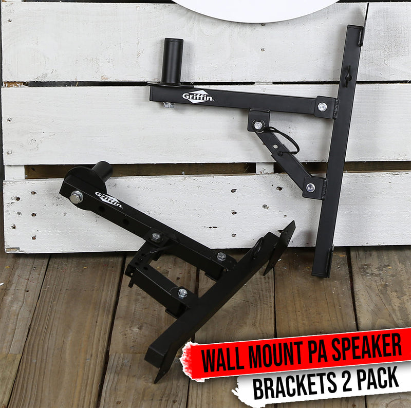 Premium PA Speakers Wall Mount Brackets By GRIFFIN | Set Of 2 All Steel Pro-Audio Speaker 35mm Pole Holder | Securing Locking Pin & 3 Horizontal Level Tilt Adjustments | On Stage Studio Monitor Stands