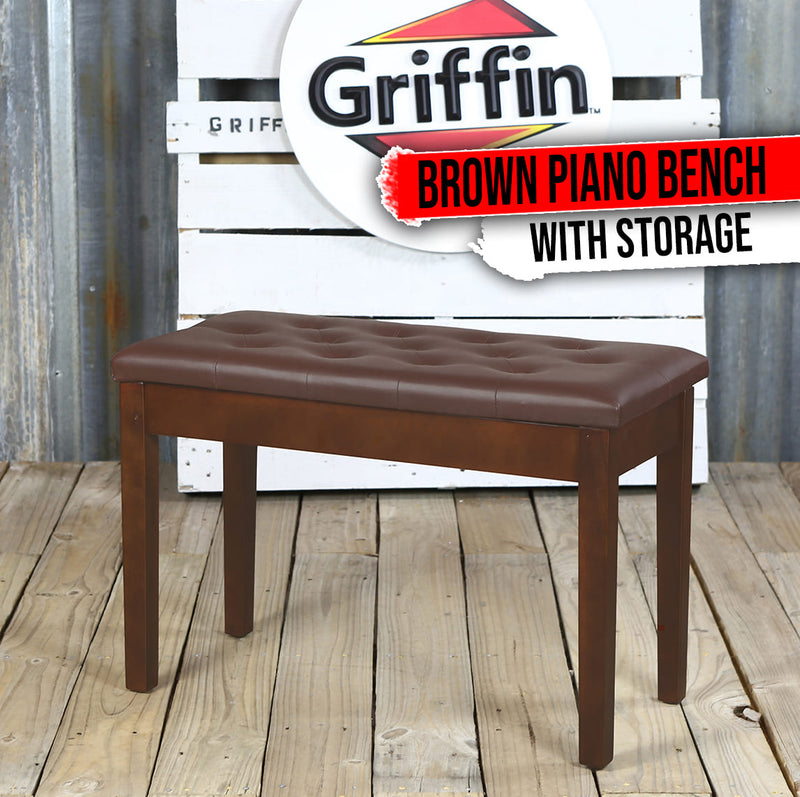 GRIFFIN Brown Wood PU Leather Piano Bench | Double Vintage Design, Ergonomic Chair Musicians Keyboard Stool | Cushion Duet Seat & Sheet Music Storage Space | For Guitar Stool or Home Vanity Bench