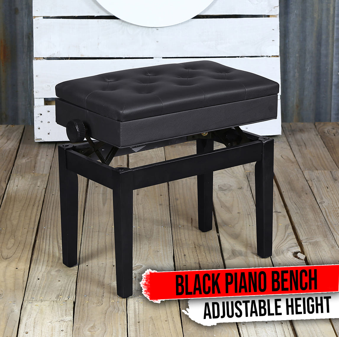 GRIFFIN Premium Antique Piano Bench | Adjustable Black Solid Wood Frame & PU Leather Padded Cushion | Vintage Ergonomic Musicians Keyboard Chair | Guitar Stool, Home Vanity Bench | Sheet Music Storage