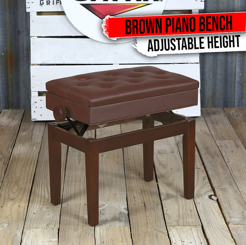 Adjustable Piano Brown PU Leather Bench by GRIFFIN | Vintage Stylish Design, Heavy-Duty & Ergonomic Keyboard Stool | Comfortable Seat & Convenient Hidden Storage Space Perfect For Home & Professional