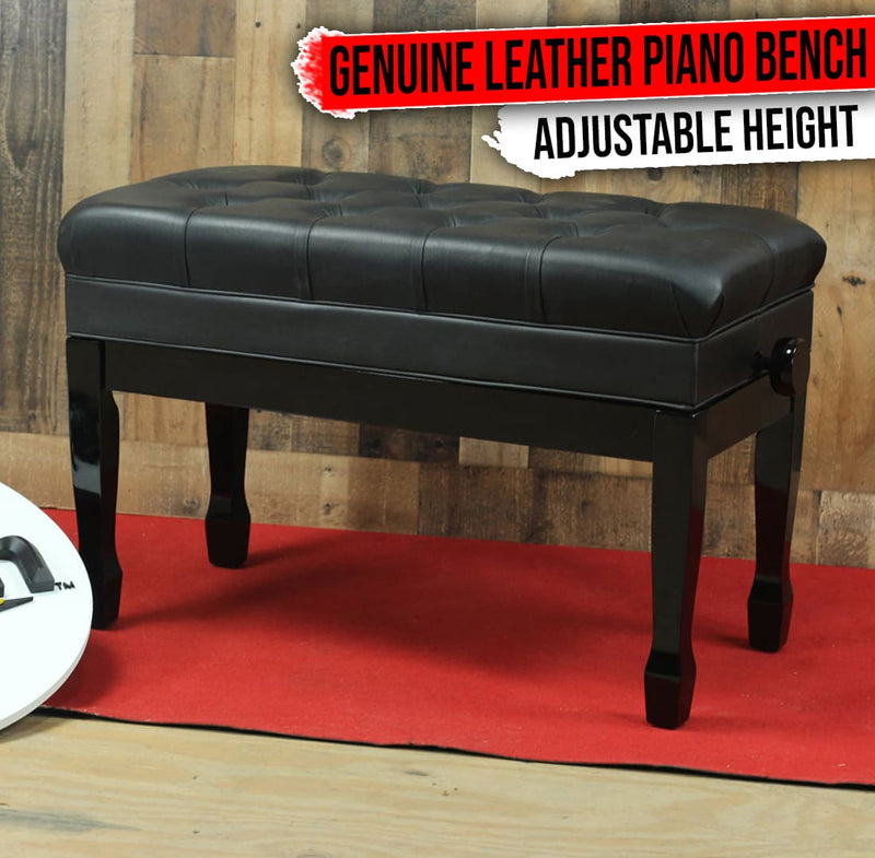 GRIFFIN Genuine Leather Piano Bench | Oversize Duet Vintage Black Solid Wood & Ergonomic Keyboard Stool | 2 Person Cushion Seat & Sheet Music Book Storage Space | Guitar Musicians Chair & Vanity Bench