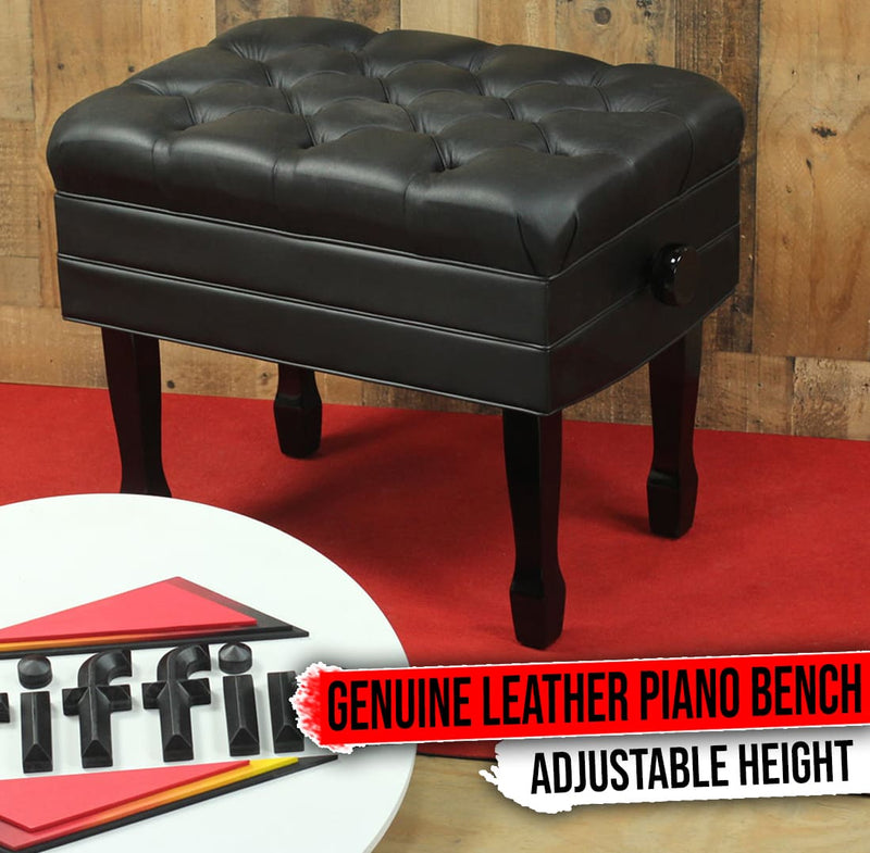 Genuine Leather Adjustable Piano Bench by GRIFFIN | Black Solid Wood Vintage Style & Heavy-Duty Ergonomic Keyboard Stool | Cushion Seat With Storage Space | Home Vanity Bench or Musicians Guitar Chair