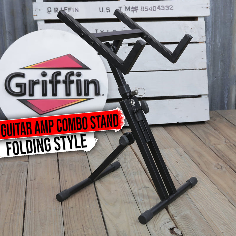 Guitar Combo Amplifier Stand by GRIFFIN | PA Speaker Karaoke Monitor Holder | Low Profile Pro-Audio Amp Tilt Back Mount Stand | Adjustable Speaker Cabinet Stage Equipment Platform Riser & Studio Chair