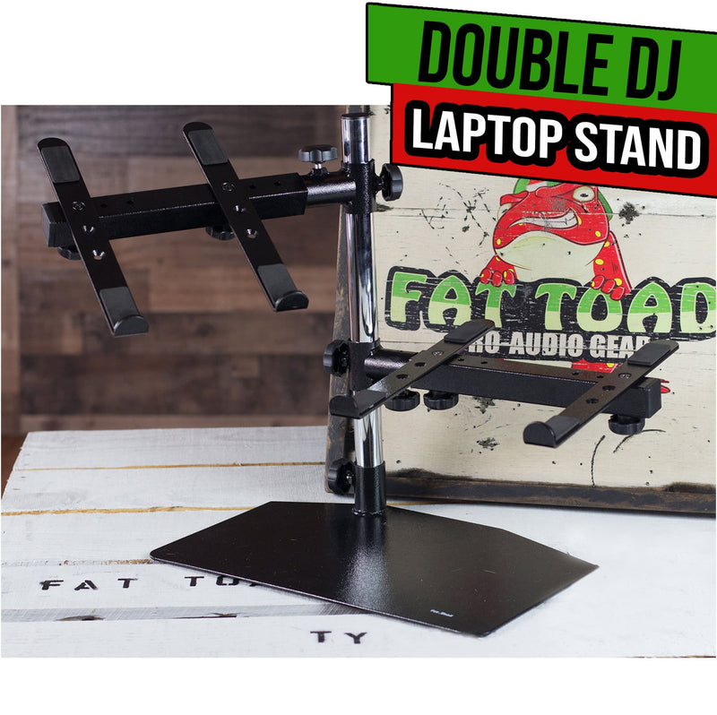 Double DJ Laptop Stand by FAT TOAD | 2 Tier PC Table Holder | Portable Computer Clamp Equipment Rack with Support Mounts for Music Studio Mixers, Controllers, Monitors, & Disc Jockey Booth Gear