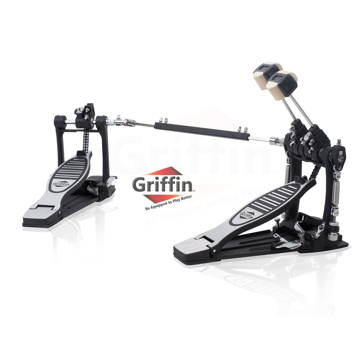 Double Kick Drum Pedal for Bass Drum by GRIFFIN - Deluxe Twin Set Foot Pedal - Quad Sided Beater Heads - Dual Pedal Two Chain Drive Hardware