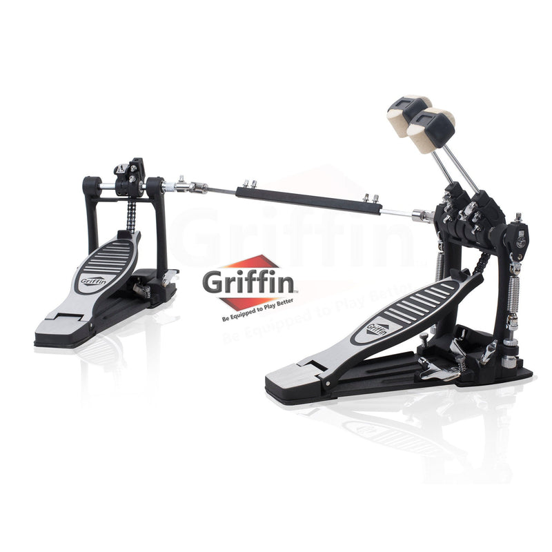 Double Kick Drum Pedal for Bass Drum by GRIFFIN - Deluxe Twin Set Foot Pedal - Quad Sided Beater Heads - Dual Pedal Two Chain Drive Hardware