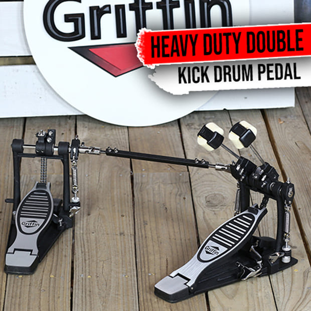 Deluxe Double Kick Drum Pedal for Bass Drum by GRIFFIN | Twin Set Foot Pedal | Quad Sided Beater Heads | Dual Pedal Two Chain Drive Percussion Hardware | Impressive Response for Metal & Rock Drummers
