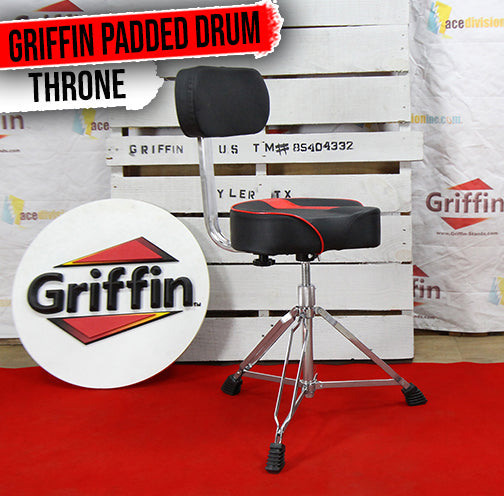 GRIFFIN Drum Throne with Backrest Support | Saddle Style Padded Leather Drummer Motorcycle Biker Seat | Swivel Adjustable Height Music Drum Chair | Musicians Guitar Stool | Percussion Tractor Top