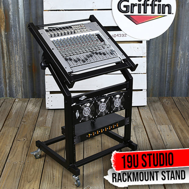 Rack Mount Rolling Stand & Adjustable Mixer Platform Rails by GRIFFIN | 19U Cart Holder for Music Studio Booth Pro Audio Recording Cabinet | Stage Equipment DJ Gear Storage Case for Amplifier, Effects