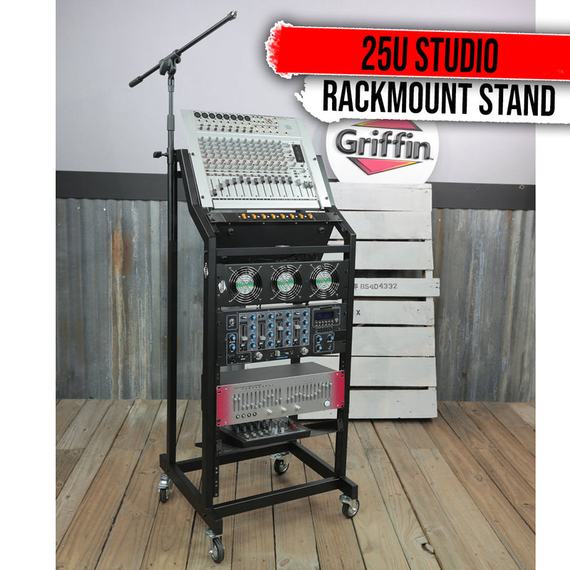 GRIFFIN Rack Mount Cart Stand & Top Mixer Platform 25U | Rolling Music Studio Booth Case Holder | Pro Audio Recording Cabinet Mount Rails | Sound Stage Equipment DJ Gear Display for Amplifier, Effects