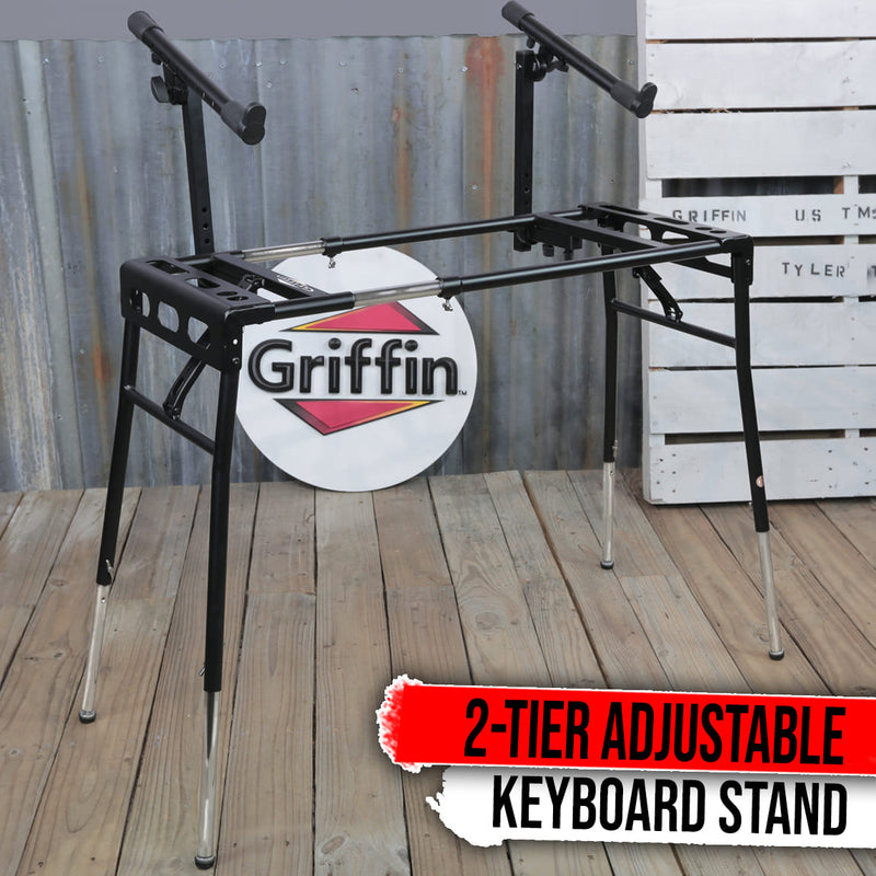 GRIFFIN 2-Tier DJ Coffin Workstation Stand | Double Table Top Keyboard & Laptop Holder | Digital Piano Rack Mount Platform for Studio Mixer Controllers, Turntable, Speakers, & Stage Equipment
