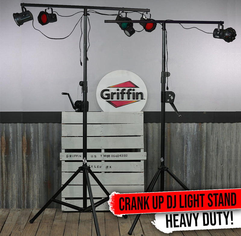 DJ Light Stands (2 Pack) Stage Lighting Truss System by GRIFFIN | Hand Crank Up Portable Speaker Tripod Platform Rig | Adjustable Trussing Kit | T Bar Mount for Can Lights | Music Equipment Package