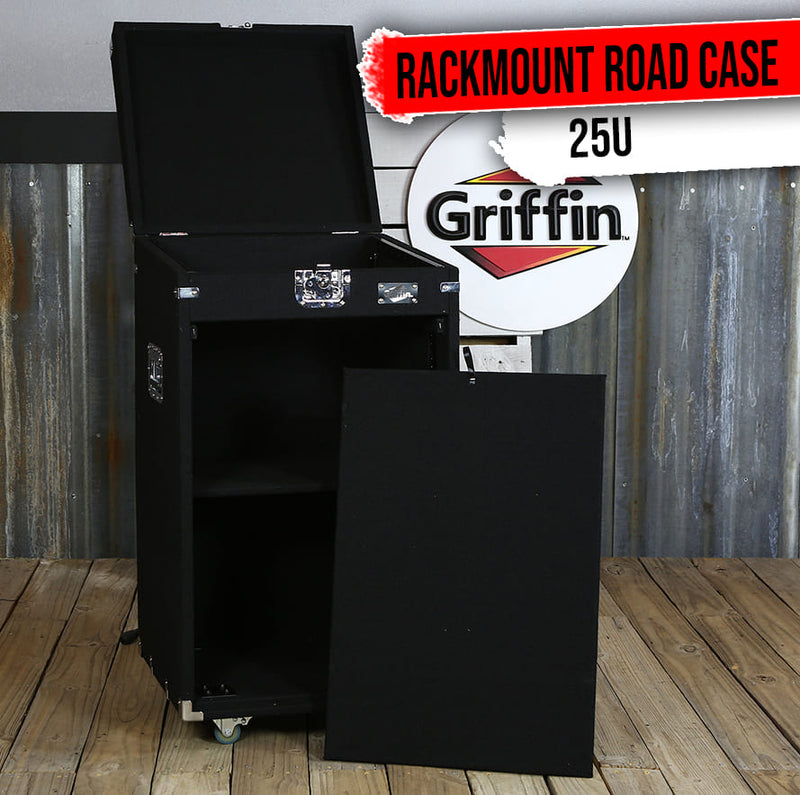 Ultimate Rackmount Studio Mixer Flight Road Case By GRIFFIN | 25U Mount Space Pro-Audio Amp Cabinet Travel Trunk For Music Gear Recording Equipment | Portable DJ Sound Booth Rack Stand Carpet PA Cart