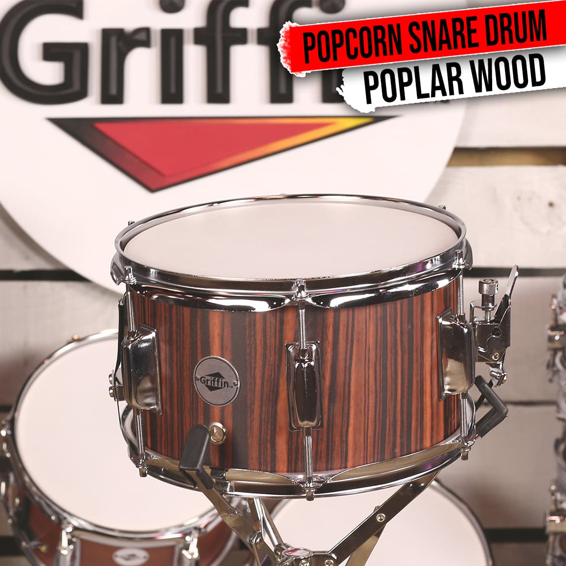 GRIFFIN Firecracker Snare Drum | Acoustic Popcorn 10" x 6" Poplar Mini Wood Shell & Black Hickory PVC | Concert Marching Percussion Musical Instrument with Deluxe Snare Throw Off, Drummers Key & Head