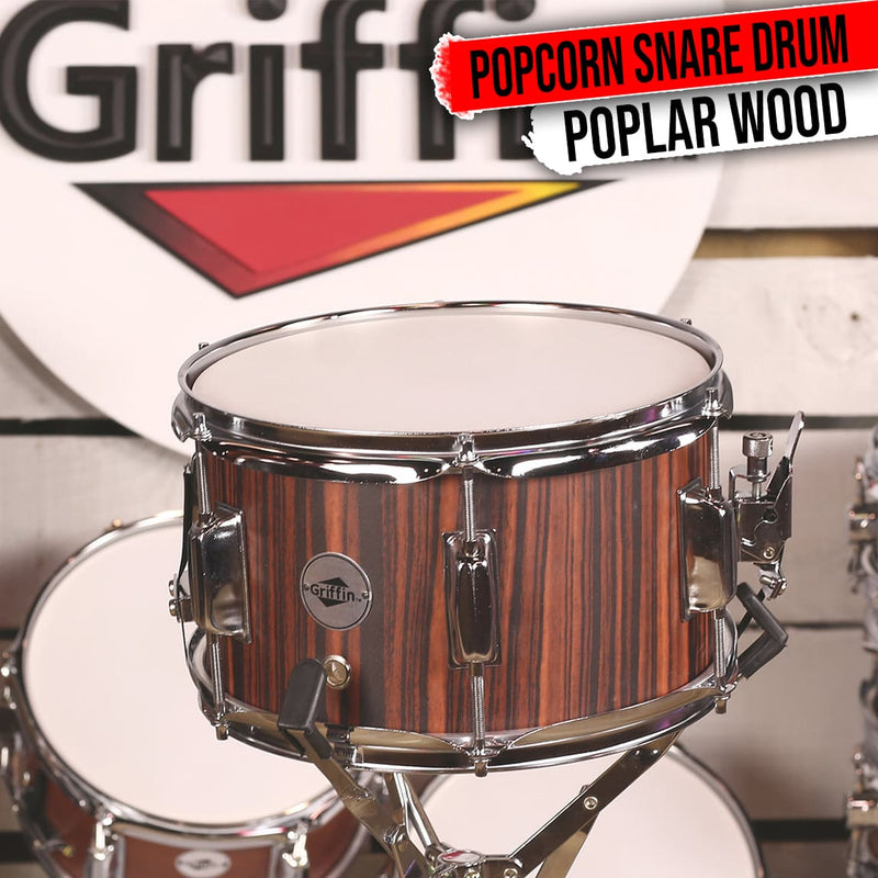 GRIFFIN Firecracker Snare Drum | Acoustic Popcorn 10" x 6" Poplar Mini Wood Shell & Black Hickory PVC | Concert Marching Percussion Musical Instrument with Deluxe Snare Throw Off, Drummers Key & Head