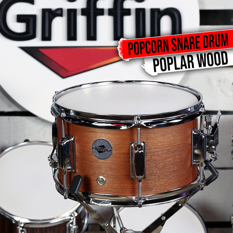 Popcorn Snare Drum by GRIFFIN | Soprano Firecracker 10" x 6" Poplar Wood Shell with Hickory PVC | Concert Percussion Musical Instrument with Drummers Kit Key & Deluxe Snare Strainer Throw Off Set