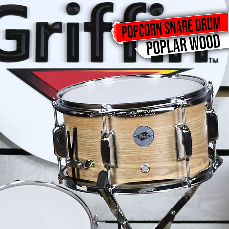 Popcorn Soprano Snare Drum by GRIFFIN | Acoustic Firecracker 10"x6" Poplar Wood Shell with Oakwood PVC | Mini Concert Marching Percussion Musical Instrument with Snare Throw Off, Drummers Key & Head