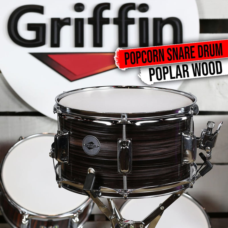 Popcorn Snare Drum by GRIFFIN | Firecracker Acoustic 10" x 6" Poplar Shell with Zebra Wood PVC | Soprano Mini Concert Marching Percussion Musical Instrument with Snare Throw Off, Drummers Key & Head
