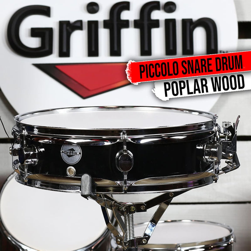 Piccolo Snare Drum 13" x 3.5" by GRIFFIN | 100% Poplar Wood Shell with Black PVC & White Coated Drum Head | Drummers Acoustic Marching Kit Percussion Instrument with Snare Strainer Throw Off Set