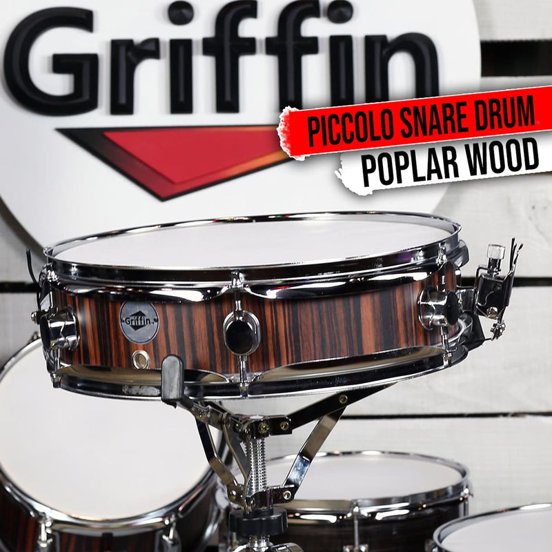 Piccolo Snare Drum 13" x 3.5" by GRIFFIN | 100% Poplar Wood Shell with Black Hickory Finish & Coated Drum Head | Professional Drummers Deluxe Percussion Instrument with Bright Tone & Brilliant Attack