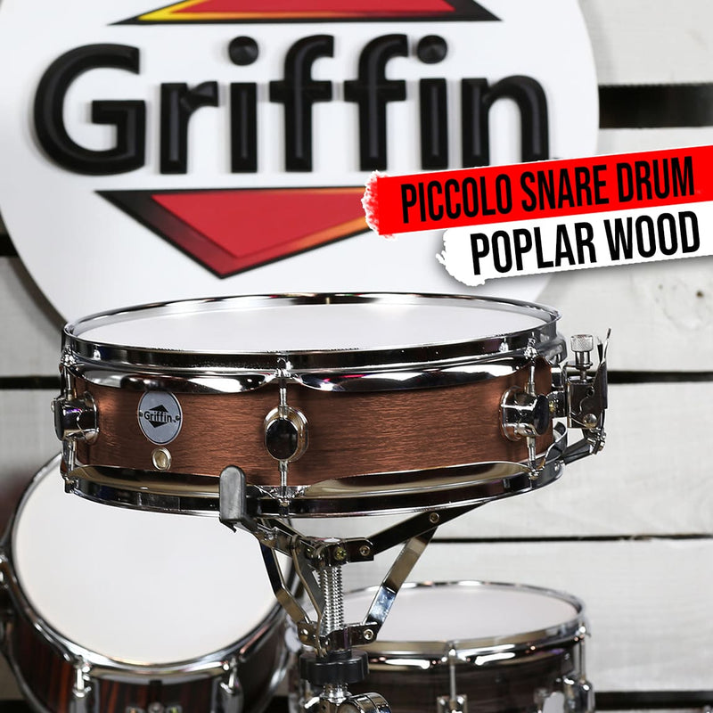 Piccolo Snare Drum 13" x 3.5" by GRIFFIN | 100% Poplar Wood Shell with Flat Hickory Finish & Coated Drum Head | Drummers Acoustic Marching Kit Percussion Instrument with Snare Strainer Throw Off Set