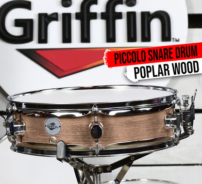 Piccolo Snare Drum 13" x 3.5" by GRIFFIN | 100% Poplar Shell with Oak Wood Finish & Coated Drum Head | Professional Marching Drummers Deluxe Percussion Instrument with Bright Tone & Brilliant Attack