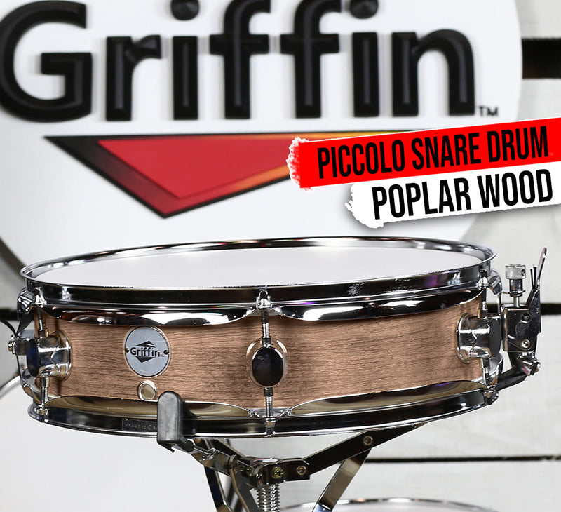 Piccolo Snare Drum 13" x 3.5" by GRIFFIN | 100% Poplar Shell with Oak Wood Finish & Coated Drum Head | Professional Marching Drummers Deluxe Percussion Instrument with Bright Tone & Brilliant Attack