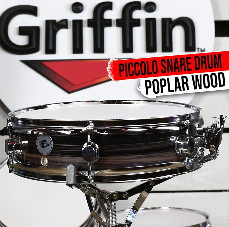 Piccolo Snare Drum 13" x 3.5" by GRIFFIN | 100% Poplar Wood Shell with Zebra Wood Finish & Coated Drum Head | Professional Marching Drummers Percussion Instrument with Bright Tone & Brilliant Attack