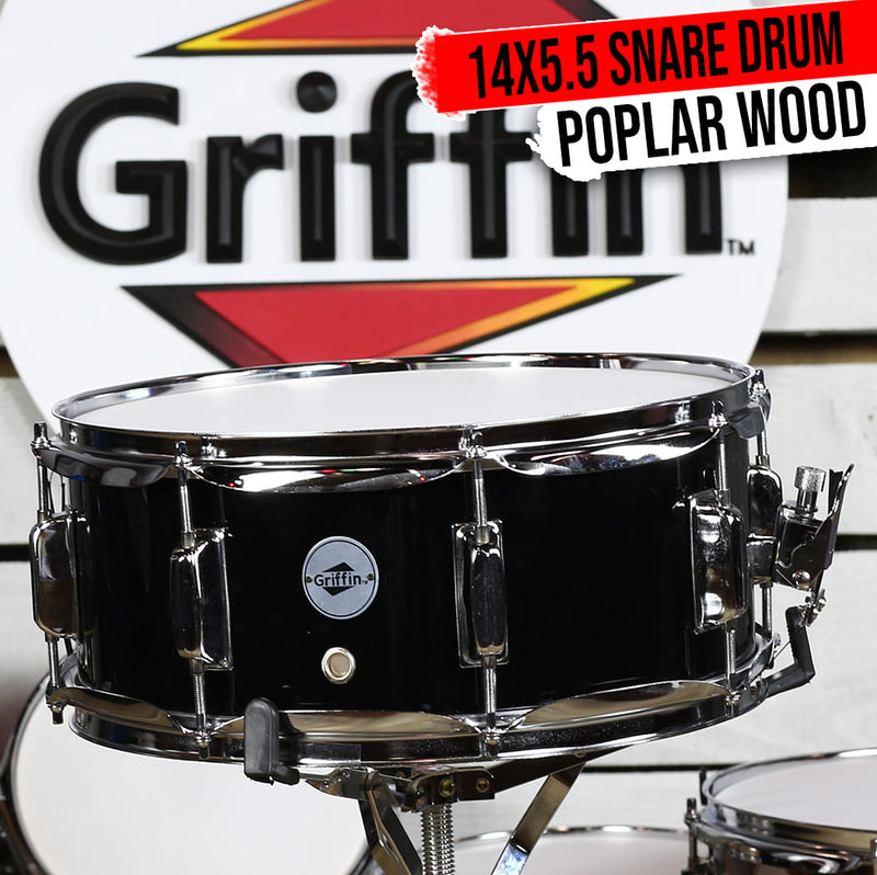 GRIFFIN Snare Drum | Poplar Wood Shell 14" x 5.5" with Black PVC & Coated Head | Acoustic Marching Percussion Musical Instrument Set with Drummers Key, 8 Metal Tuning Lugs & Snare Strainer Throw Off
