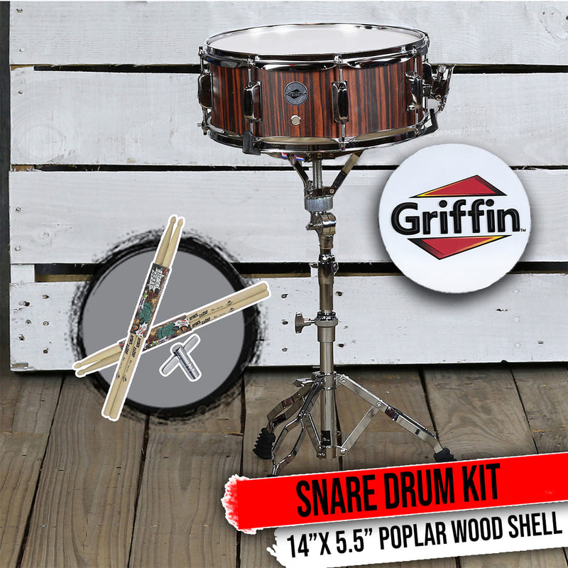 Snare Drum Set by GRIFFIN - Includes Snare Stand, 2 Pairs of Maple Drum Sticks & Drum Key | Wood Shell Drum Set, Chrome Holder Acoustic Marching Percussion Musical Instrument Practice Package
