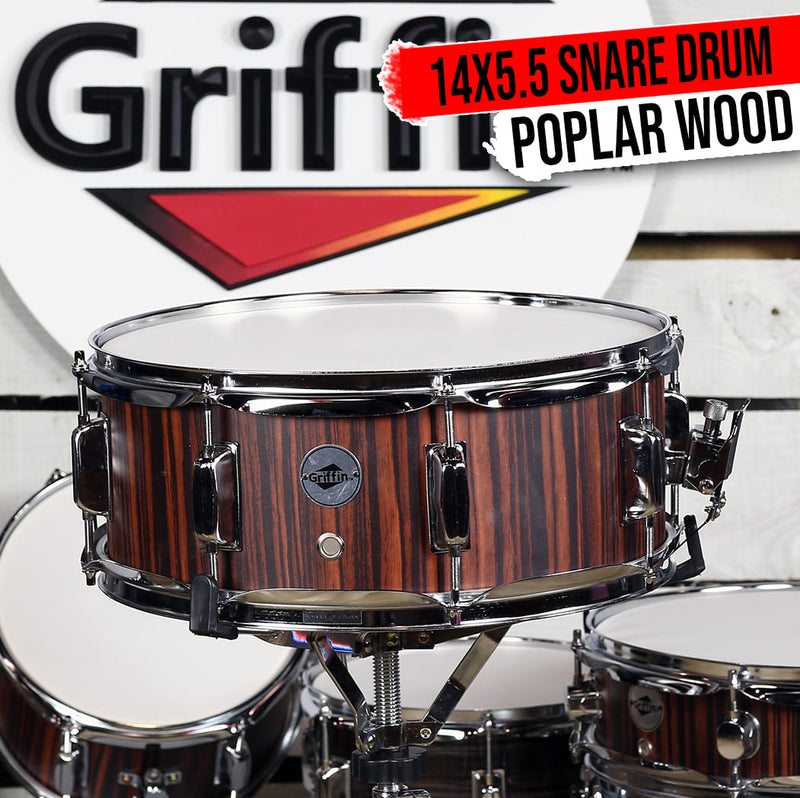 Snare Drum by GRIFFIN | 14" x 5.5"  Black Hickory PVC & Coated Head on Poplar Wood Shell | Acoustic Marching Percussion Instrument Set, Drummers Key, 8 Metal Tuning Lugs & Snare Strainer Throw Off Kit