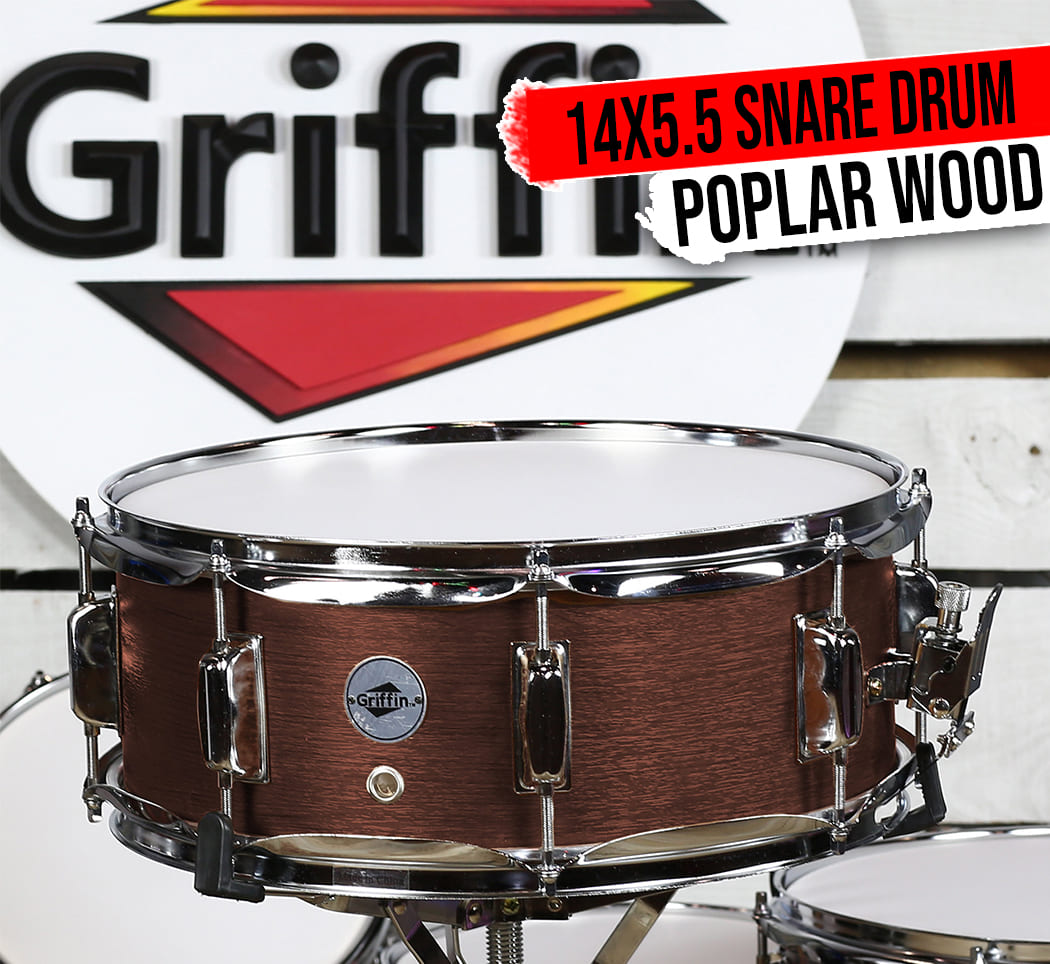 GRIFFIN Snare Drum | Poplar Wood Shell 14" x 5.5" with Flat Hickory PVC | 8 Metal Tuning Lugs & Snare Strainer Throw Off | Percussion Instrument with Drummers Key, Coated Head | Marching Kit Set
