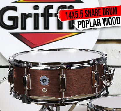 GRIFFIN Snare Drum | Poplar Wood Shell 14" x 5.5" with Flat Hickory PVC | 8 Metal Tuning Lugs & Snare Strainer Throw Off | Percussion Instrument with Drummers Key, Coated Head | Marching Kit Set