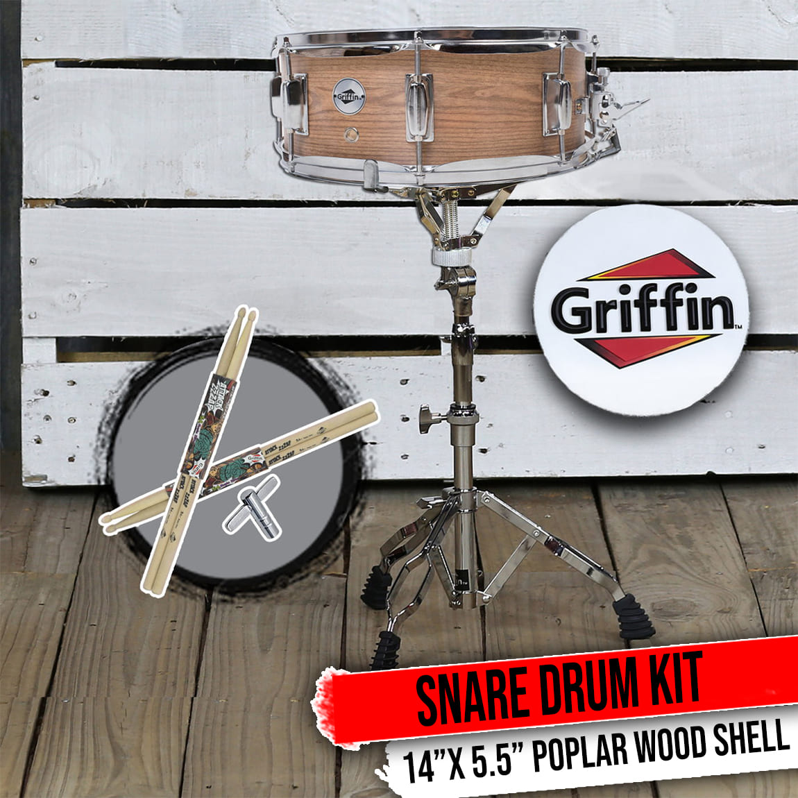 GRIFFIN Snare Drum Kit with Snare Stand, 2 Pairs of Maple Drum Sticks & Drum Key | Wood Shell Drum Set, Percussion Musical Instrument Practice Package | 8 Metal Tuning Lugs & Snare Strainer Throw Off