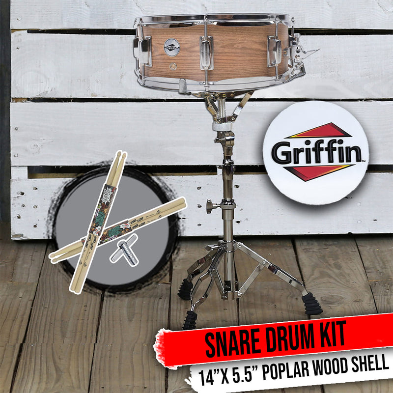 GRIFFIN Snare Drum Kit with Snare Stand, 2 Pairs of Maple Drum Sticks & Drum Key | Wood Shell Drum Set, Percussion Musical Instrument Practice Package | 8 Metal Tuning Lugs & Snare Strainer Throw Off