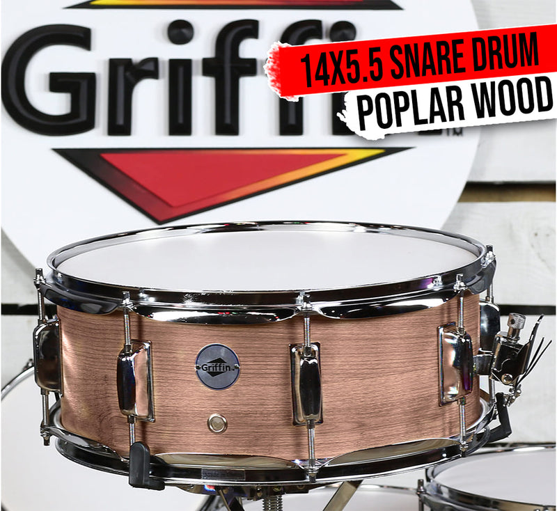 Oak Wood Snare Drum by GRIFFIN | PVC on Poplar Wood Shell 14" x 5.5" | Percussion Musical Instrument with Drummers Key for Students & Professionals|8 Tuning Lugs & Deluxe Snare Strainer