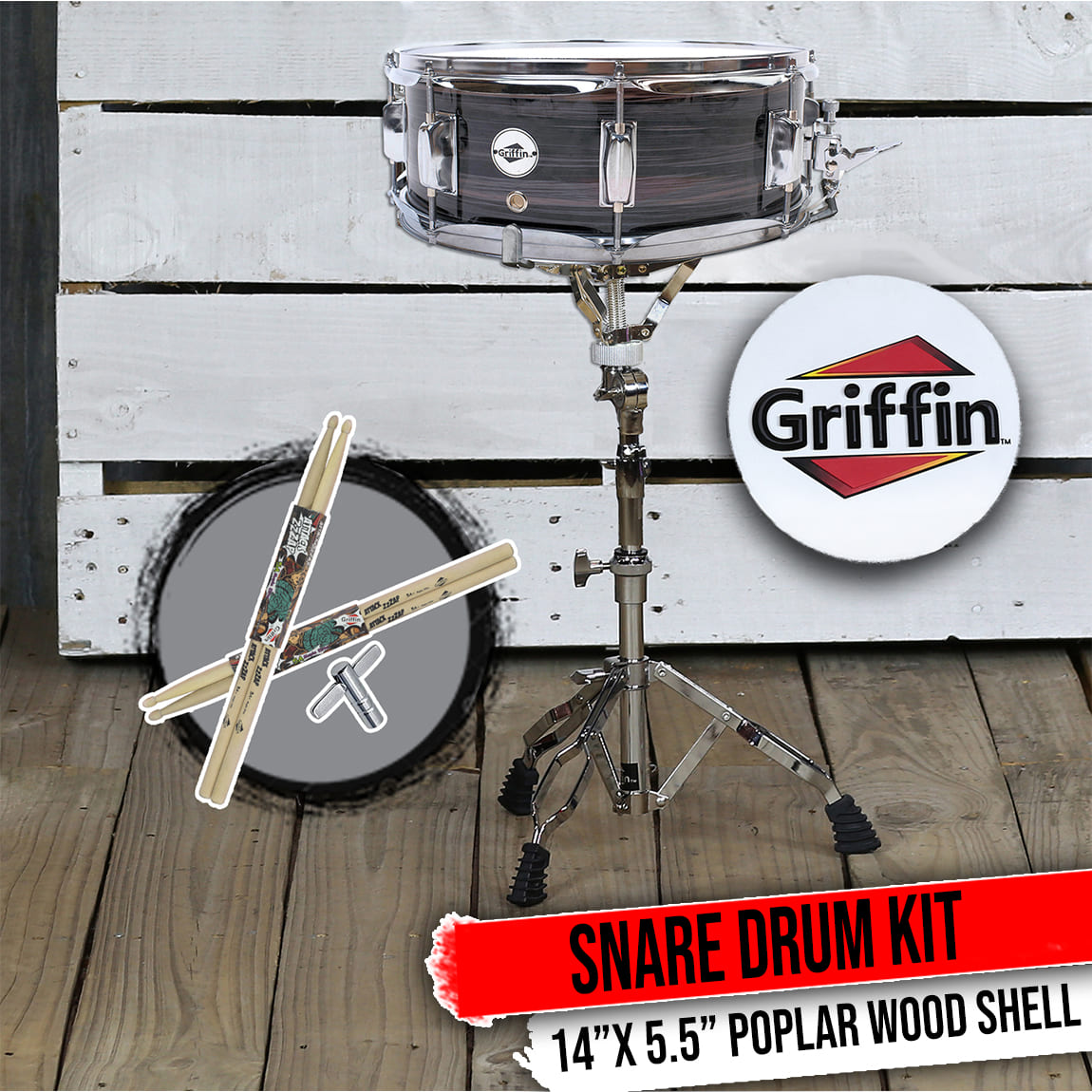 Snare Drum Kit by GRIFFIN | Includes Snare Stand, 2 Pairs of Maple Drum Sticks & Drum Key | 14" x 5.5" Poplar Shell | Percussion Musical Instrument Practice Package for Students & Professionals