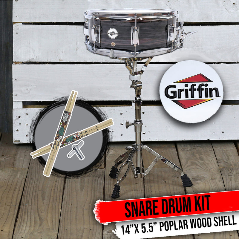 Snare Drum Kit by GRIFFIN | Includes Snare Stand, 2 Pairs of Maple Drum Sticks & Drum Key | 14" x 5.5" Poplar Shell | Percussion Musical Instrument Practice Package for Students & Professionals