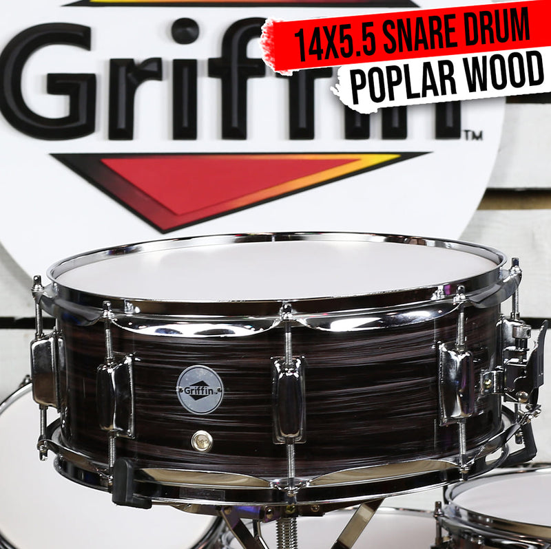 Deluxe Snare Drum by GRIFFIN | 14" x 5.5" Poplar Wood Shell with Zebra PVC Glossy Finish | Percussion Musical Instrument with Drummers Key for Students & Professionals | 8 Tuning Lugs & Snare Strainer