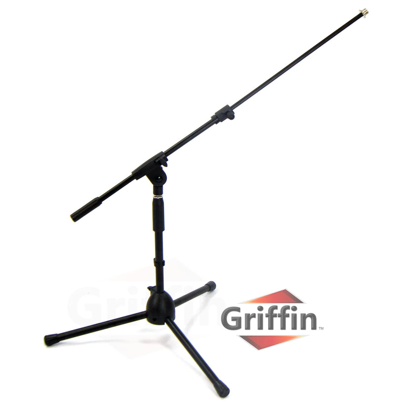 Short Microphone Stand with Boom Arm by GRIFFIN - Low Profile Tripod Mic Stand Mount for Kick Bass Drum, Studio Desktop Singing Recording, Guitar Amp