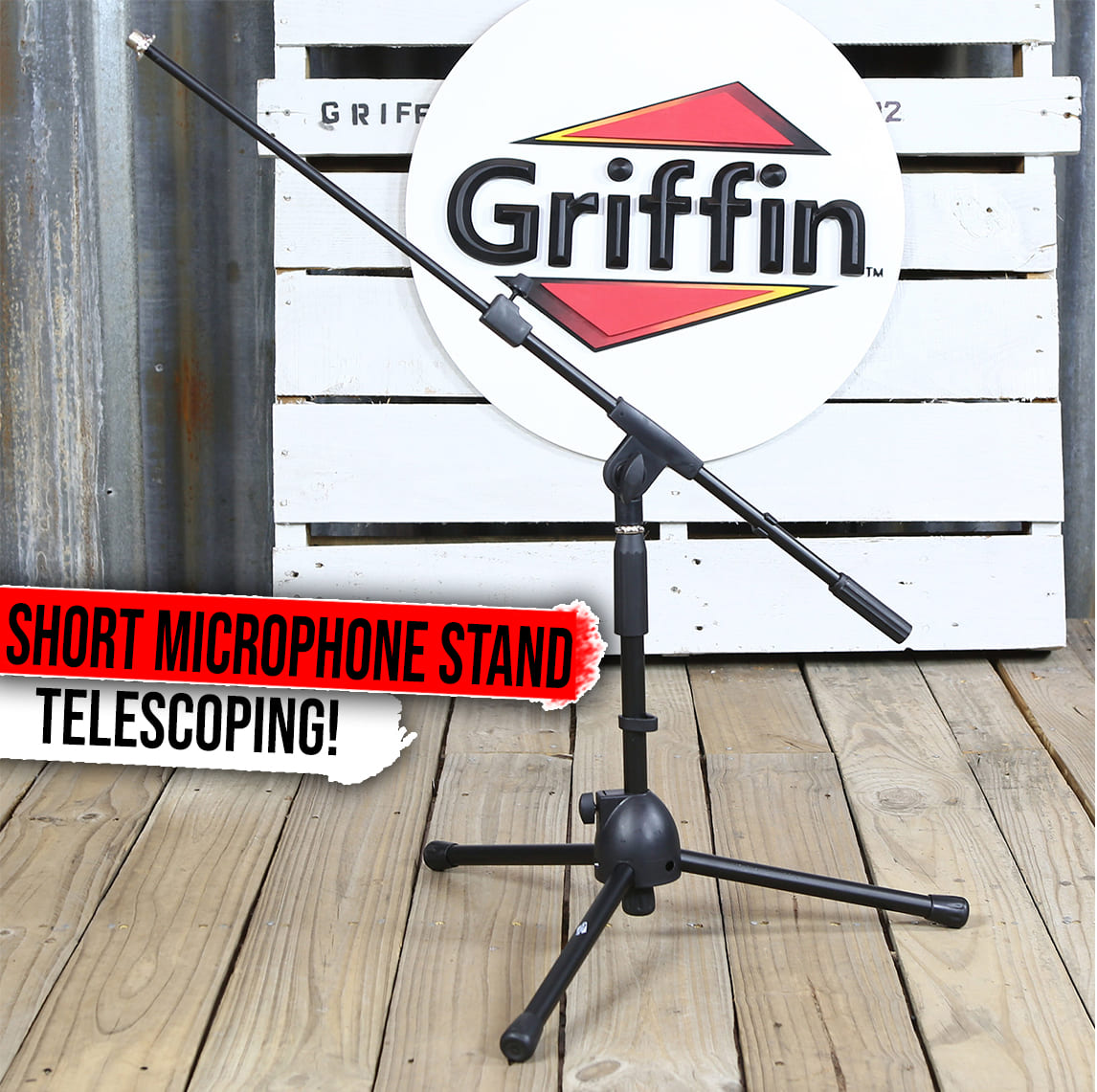 Short Microphone Stand with Boom Arm by GRIFFIN | Low Profile Tripod Mic Stand Mount for Kick Bass Drum, Studio Desktop Recording, Singing, & Guitar Amplifiers | Small Height Telescoping Boom Holder