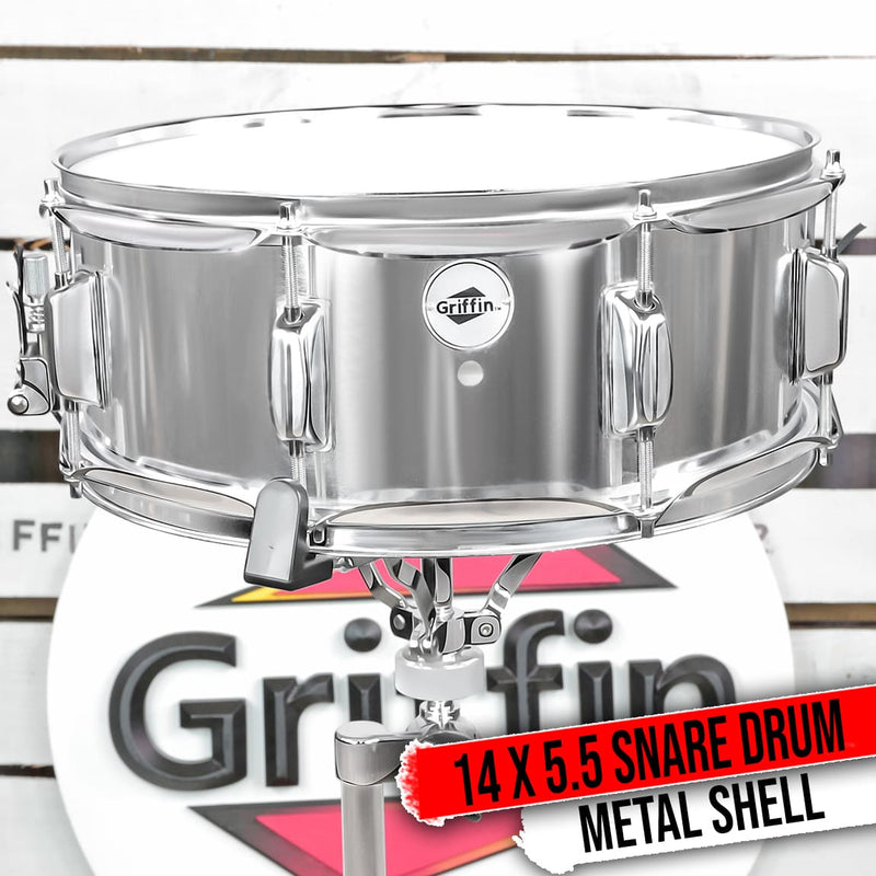 Metal Snare Drum by GRIFFIN | 14" x 5.5" inch Steel Chrome Shell | 8 Tuning Lugs & Snare Throw Off Strainer Set | Musical Instrument Kit & Drummers Key | Marching Percussion Hardware & Drum White Head