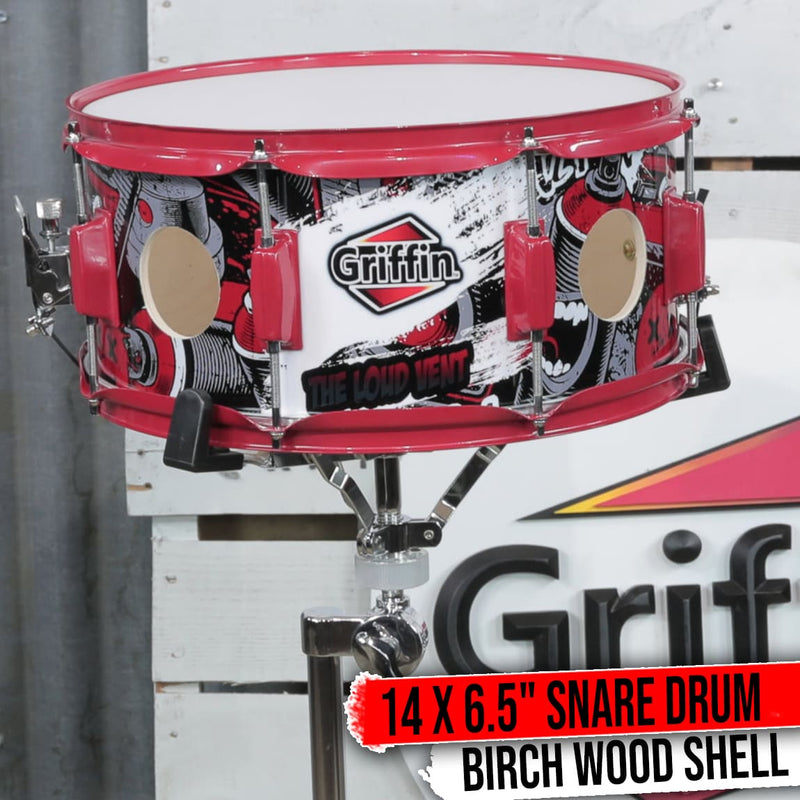 GRIFFIN Snare Drum Birch Wood Shell 14 X 6.5 Inch | Oversize 2.5" Large Vents & Custom Graphic Wrap (Limited Edition) | Red Hardware & Marching Drummers Key for Students & Pros | 8 Metal Tuning Lugs
