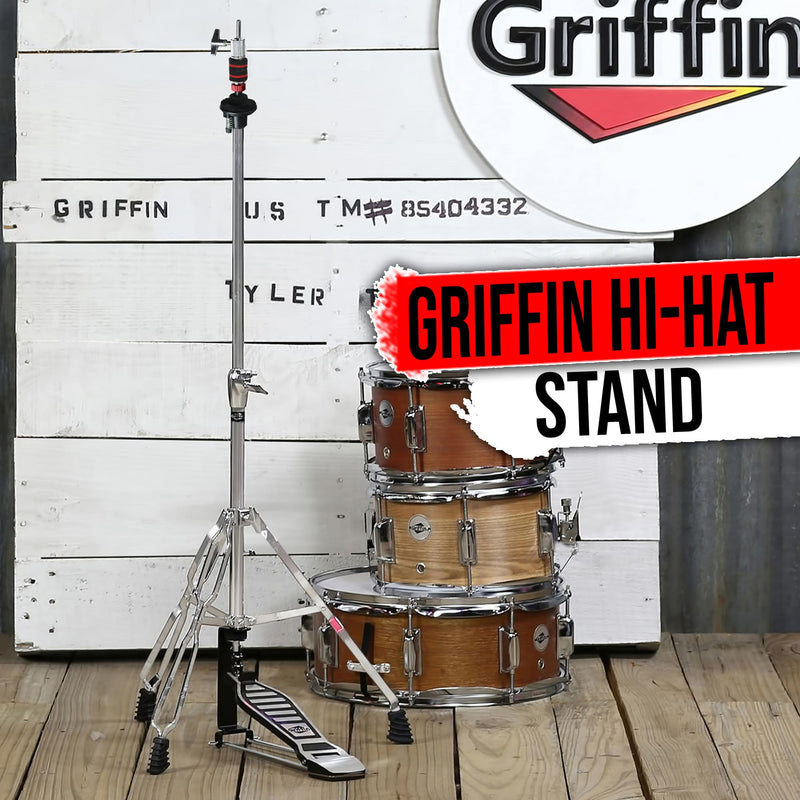 Deluxe Hi-Hat Stand by GRIFFIN | Hi Hat Cymbal Pedal With Pull Chain | HiHat Mount with Chrome Double Braced Hardware Accessory Set | Adjustable High Hat Holder Ideal for Mobile Percussion Drummers