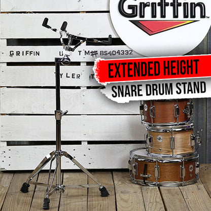 Extended Height Snare Drum Stand by GRIFFIN | Tall Adjustable Height Snare Stand For Practice Pad | Concert Stand Up Drum Mount Holder With Basket Clamp | Double Braced Percussion Chrome Drum Hardware