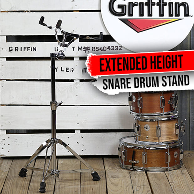 Extended Height Snare Drum Stand by GRIFFIN | Tall Adjustable Height Snare Stand For Practice Pad | Concert Stand Up Drum Mount Holder With Basket Clamp | Double Braced Percussion Chrome Drum Hardware