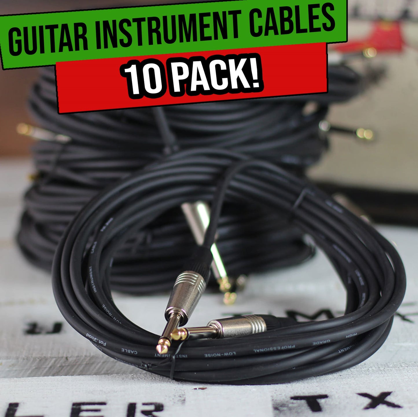 Guitar Cables (10 Pack) Instrument Cord by FAT TOAD | 24 AWG Patch Conductor for Electric Guitar, Bass, Amplifier, Speaker, Keyboard & Recording Studio | Shielded 20FT 1/4 Inch Gold Straight-End Wires