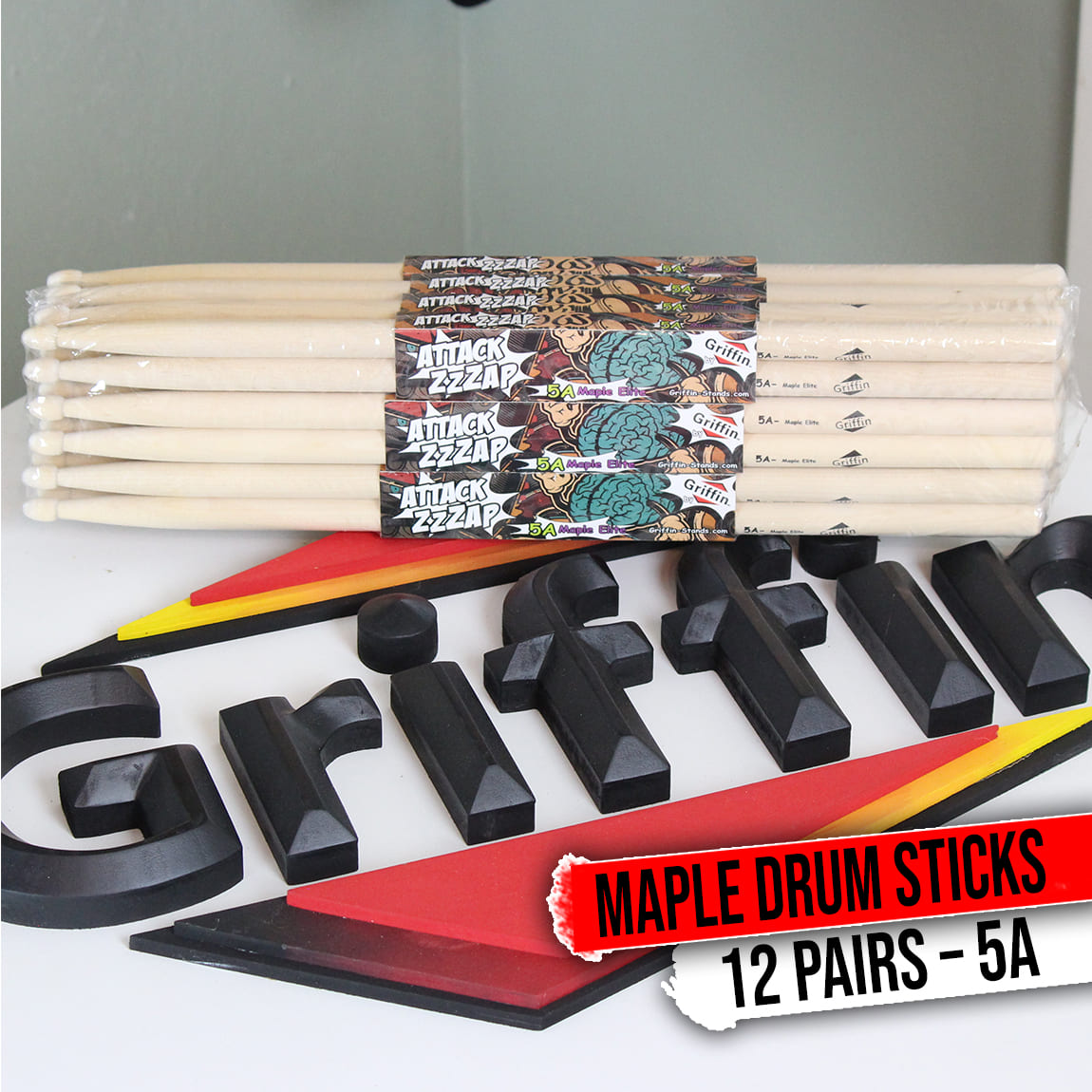 12 Pairs of Select Elite Maple Wood Drum Sticks by GRIFFIN Attack Zzzap - Size 5A Premium Balanced, Level and Straight - Drummers Percussion Classic Pure Grit Uncoated, Raw Wood Drumming Sticks