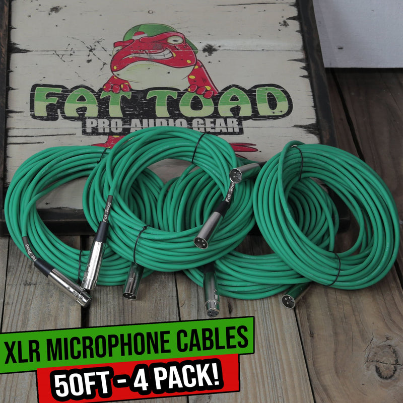 XLR Microphone Cables (4 Pack) by FAT TOAD | 50ft Professional Pro Audio Green Mic Cord Extension Patch with Lo-Z Connector | 24 AWG Shielded Wire & Balanced for Music Recording Studio Mixer Gear